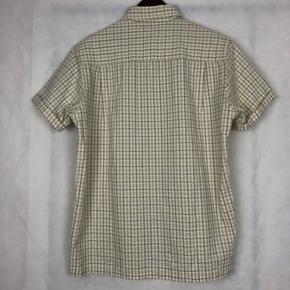 Perry Ellis Mens Short Sleeve Button Down Shirt Beige Size Medium Plaid Pocket - Picture 7 of 8